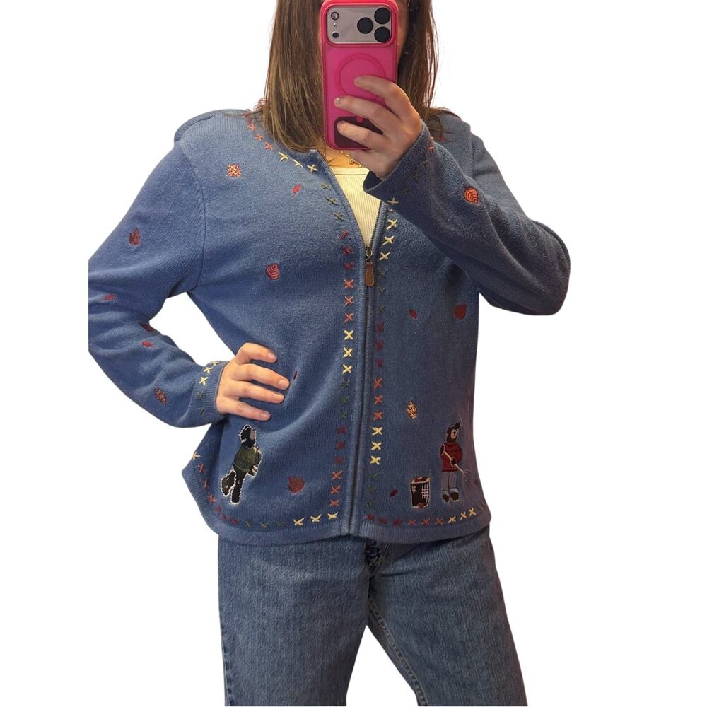 Christopher & Banks Sweater Womens Large Hand Embroidered Full Zip fall Themed